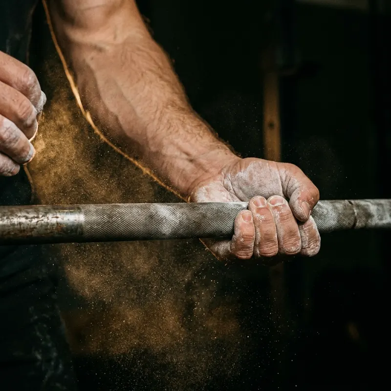 Close-up of chalked hands gripping a barbell