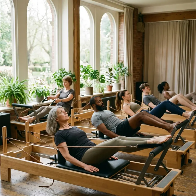 A small reformer class in a bright studio
